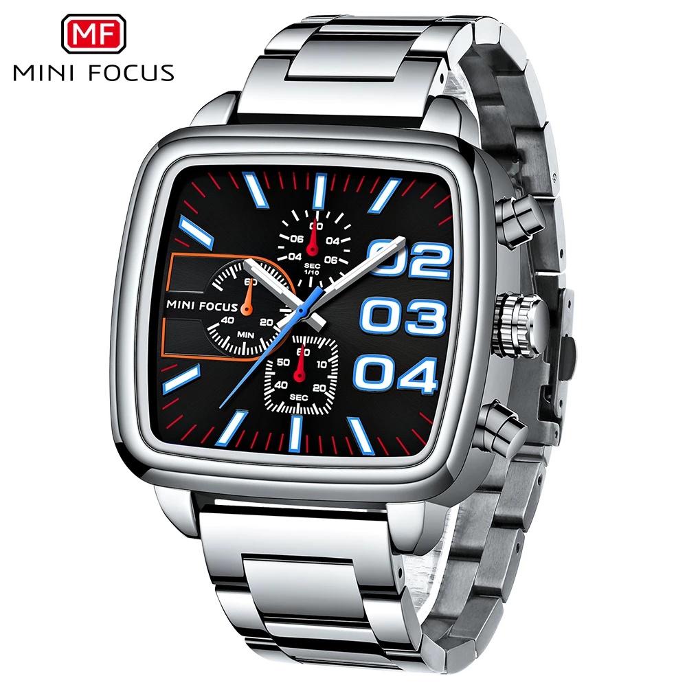 Mini Focus 男士商務不銹鋼石英手錶頂級品牌豪華夜光計時碼表防水男時鐘+盒子
