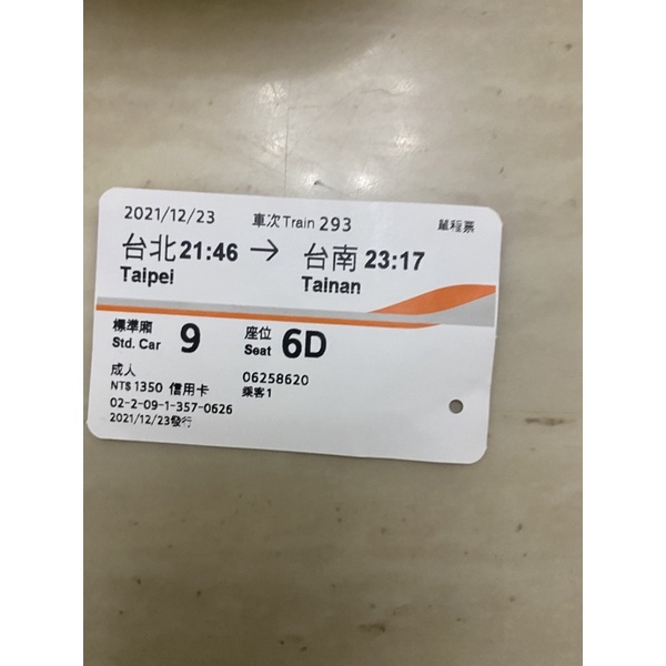 台灣高鐵票根2021/12/23（台北-台南）