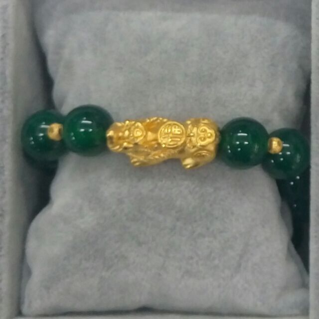 &lt;3D硬金999&gt; 黃金貔貅 綠瑪瑙手環  LEE