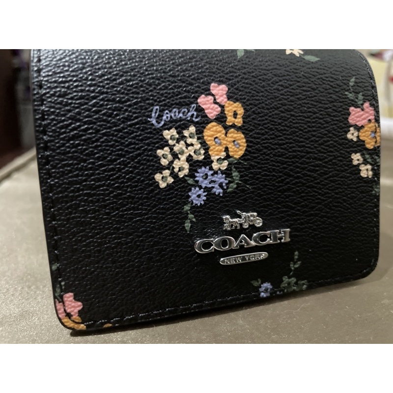 Coach C0060美國代購小廢包卡片零錢包黑色花朵可斜背