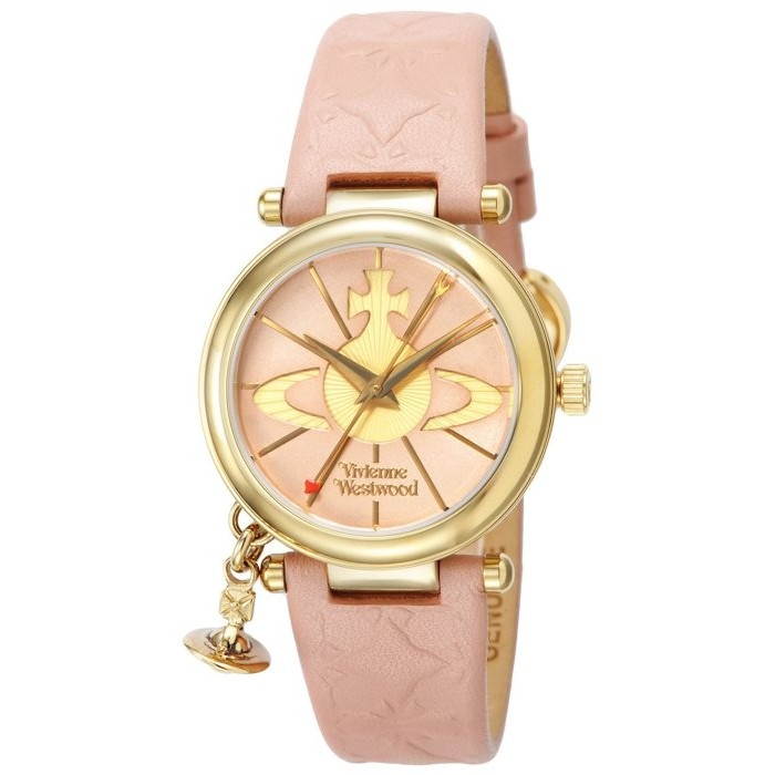 【腸寶箱】全新正品Vivienne Westwood ORB土星金屬吊飾 瑞士機芯 粉紅色真皮女用手錶直購價6500元