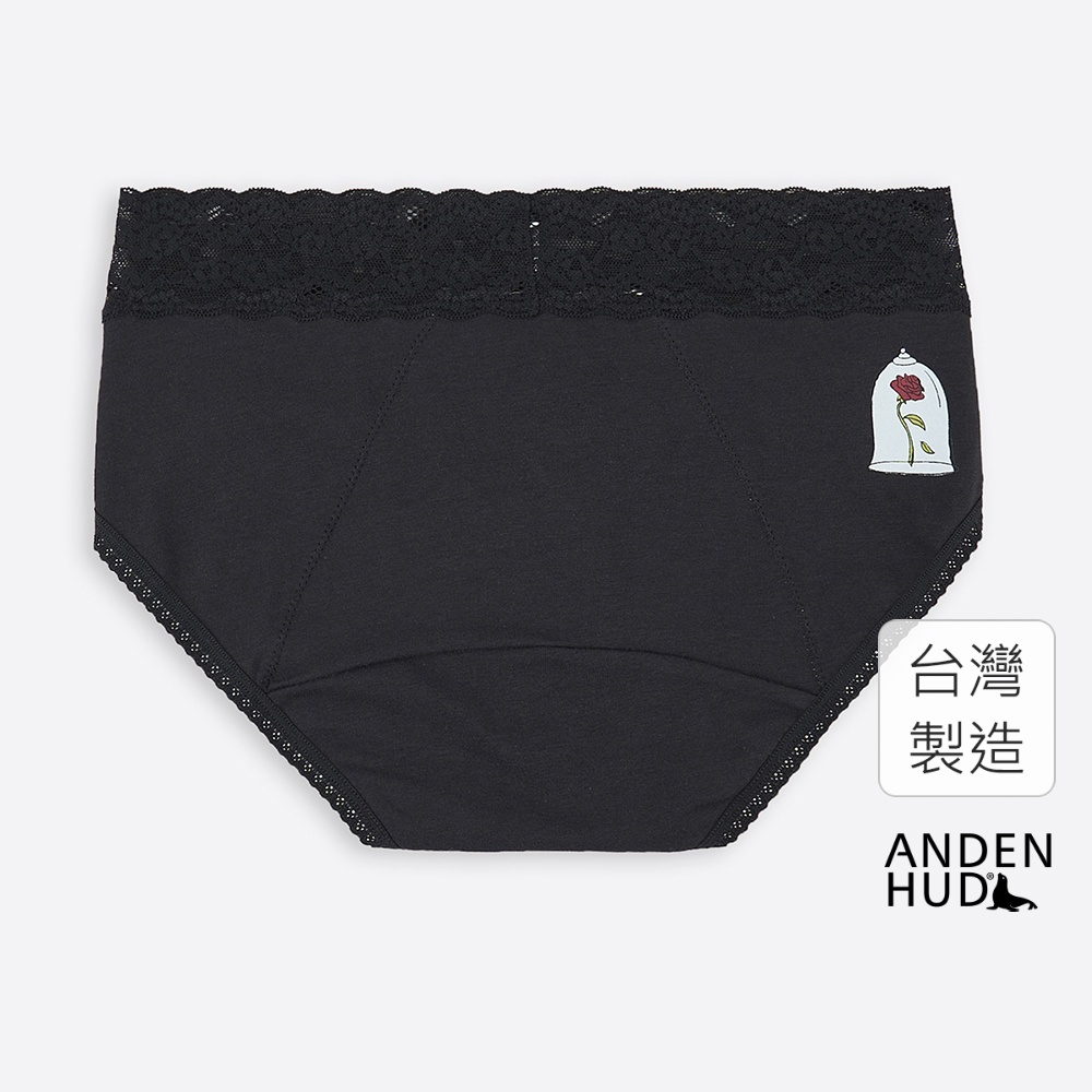 【Anden Hud】貝兒公主系列．蕾絲中腰生理褲(黑-玫瑰) 台灣製