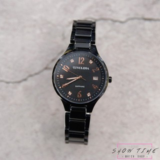 TIVOLINA 極簡約數字水鑽時刻半陶瓷腕錶-黑陶瓷x不鏽鋼/黑面黑 MAK3758-K [ 秀時堂 ]