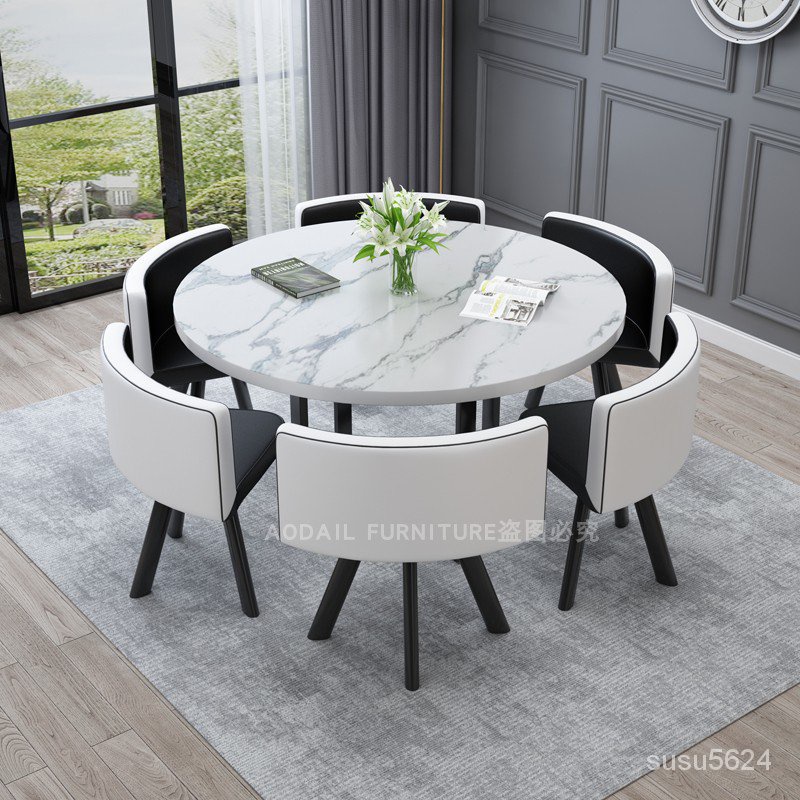 北歐輕奢圓形餐桌椅組合現代簡約圓餐桌家用小戶型木圓桌飯桌6人 lOkx