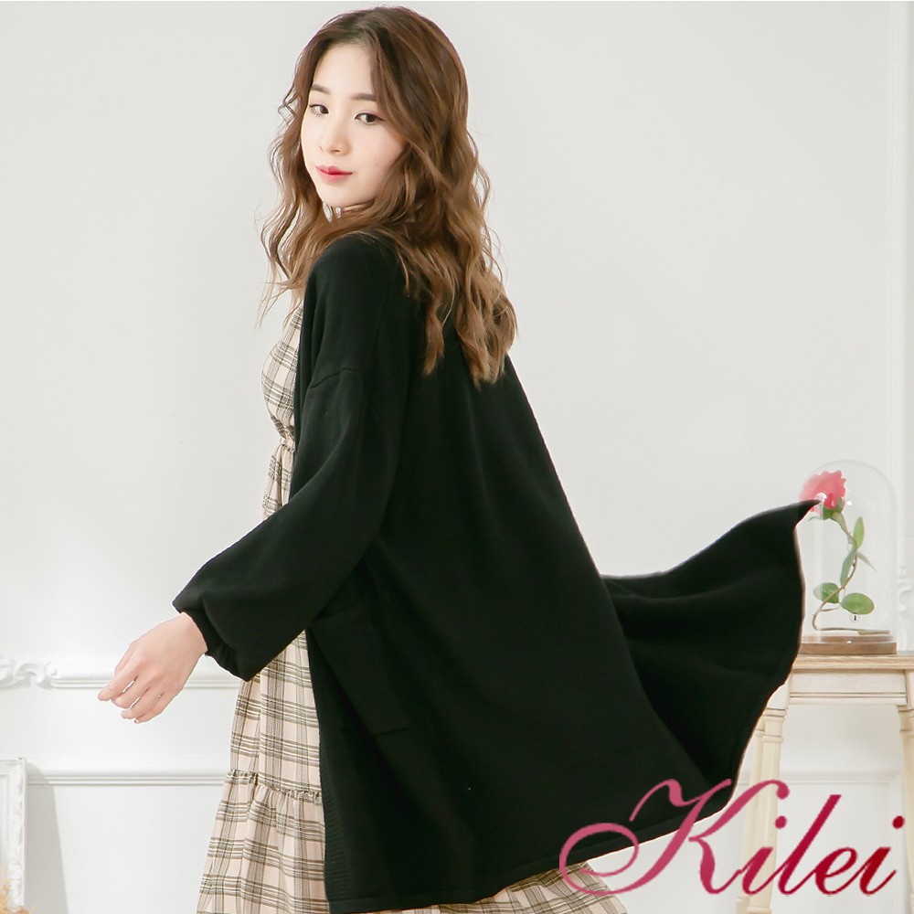 【Kilei】口袋毛織素色燈籠袖外罩衫XA3978-02(絕美黑)全尺碼