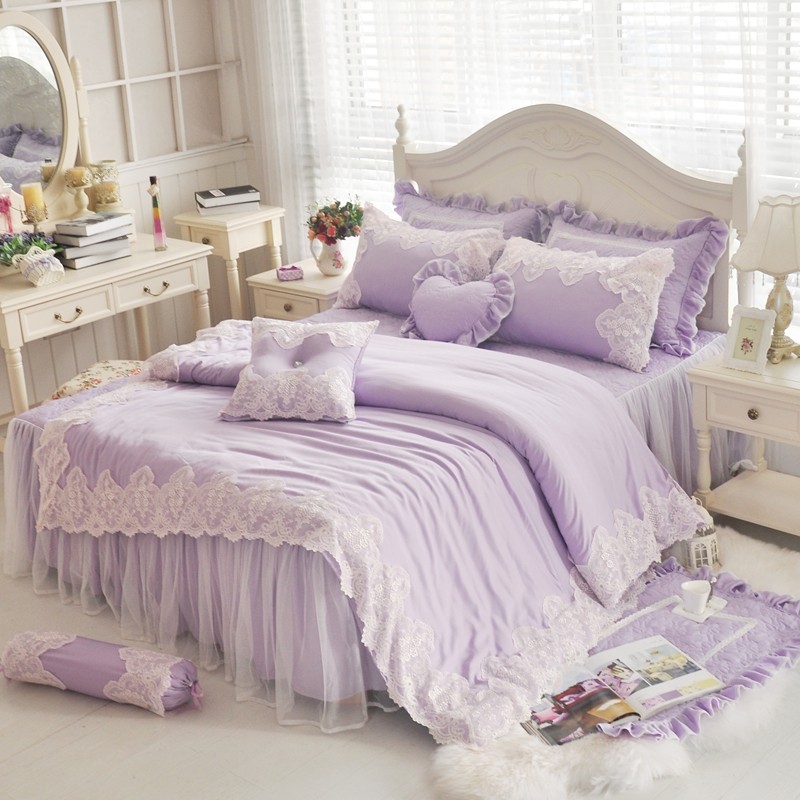 標準雙人床罩 天絲床罩 公主風床罩 清新可妮 粉紫色 蕾絲床罩 結婚床罩 床裙組 荷葉邊床罩 佛你企業