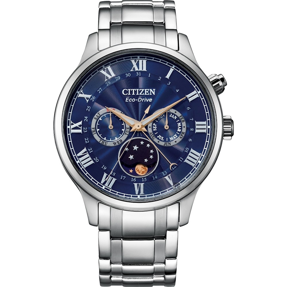 CITIZEN 星辰錶 月夜藍光動能月相不鏽鋼腕錶 42mm  AP1050-81L 台灣原廠公司貨 保固2年