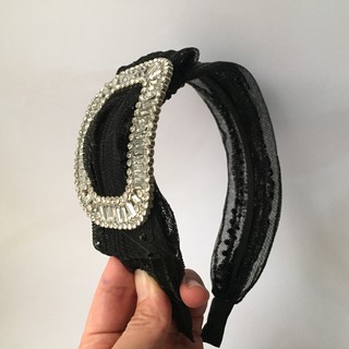 [syl隨手作]黑色蕾絲簡約鑲鑽扣帶造型髮箍頭箍