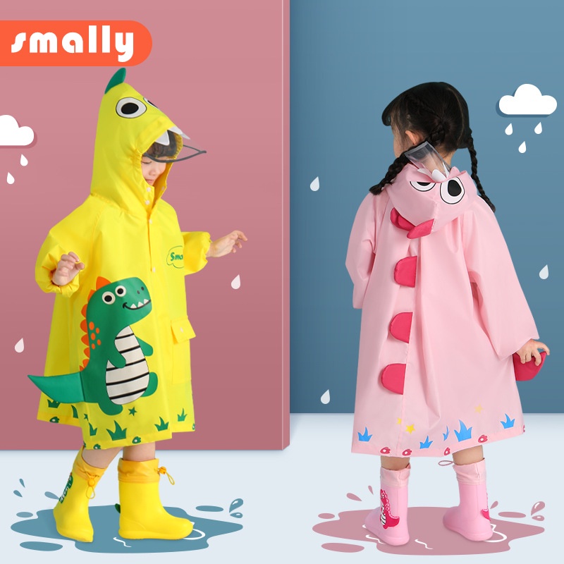 Smally雨衣雨鞋套裝兒童卡通恐龍透氣雨披小學生防水安全反光雨具