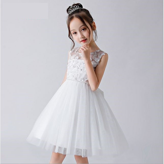 《童伶寶貝》FP020-手工訂珠花朵女童白色禮服 洋裝 表演服 畢業典禮 花童
