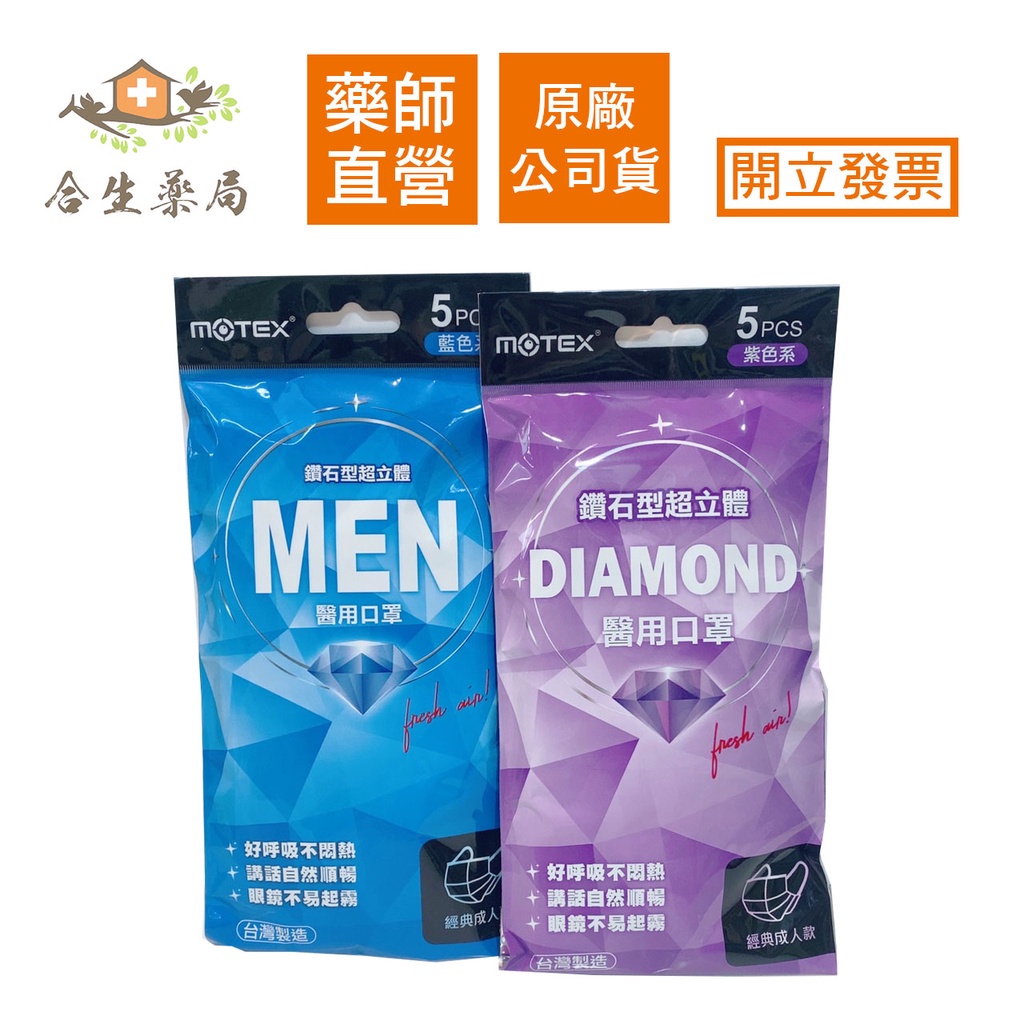 【合生藥局】摩戴舒 MOTEX 鑽石型超立體醫用口罩 (未滅菌) 5入/包 /藍色系/紫色系