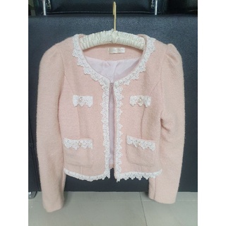 韓版 小香風外套 粉紅珍珠蕾絲 毛呢外套