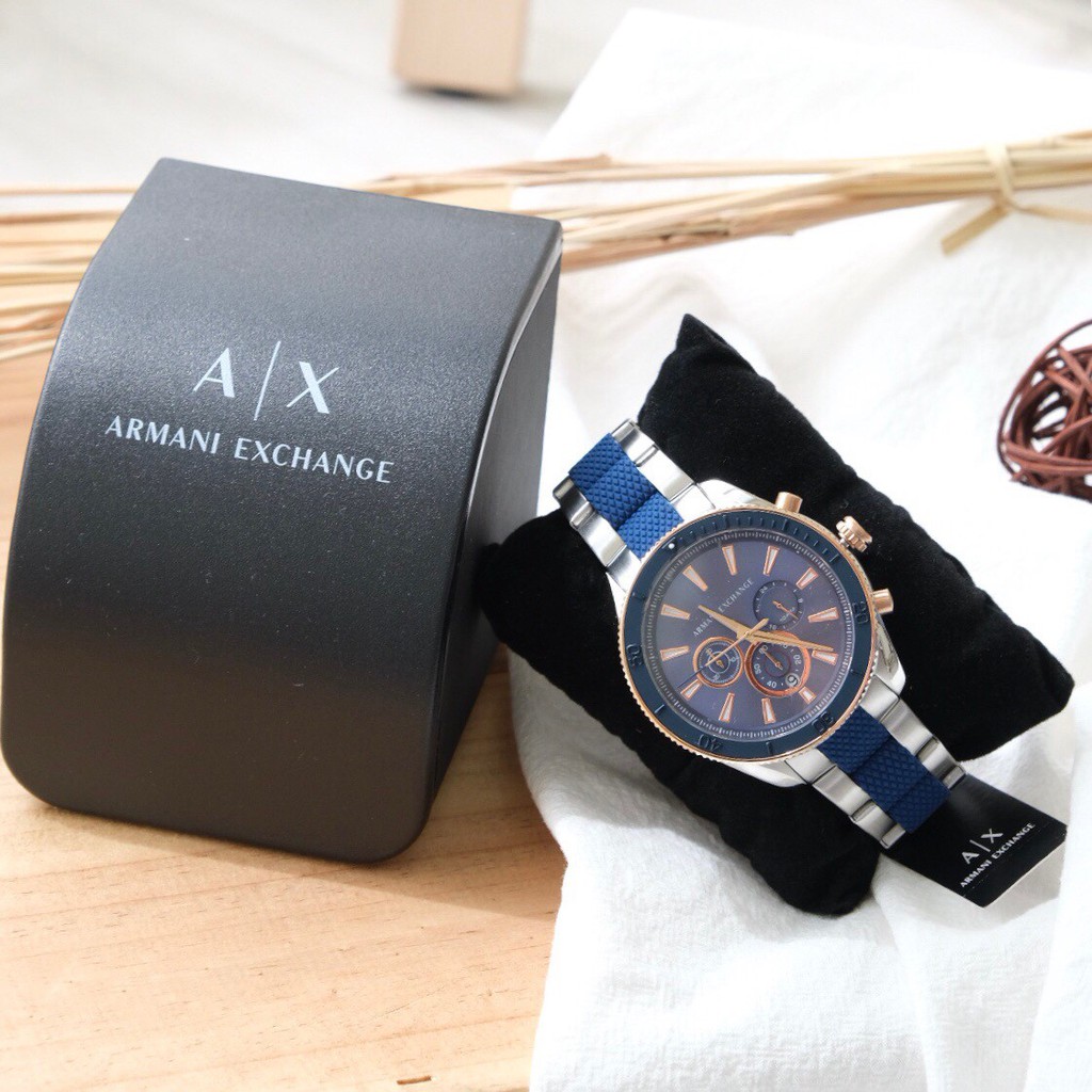 ABOUT。Armani Exchange AX 男錶 矽膠拼鋼錶帶 玫瑰金框 寶藍底 三眼 計時 AX1819