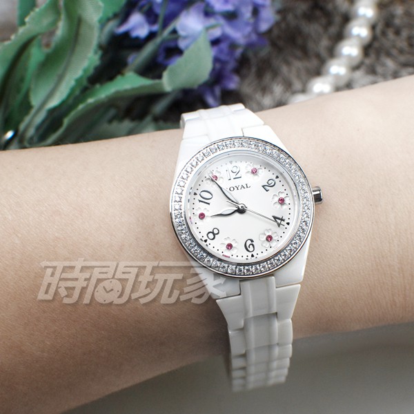 mono ROYAL R0526D粉 都會新貴系列 小花鑲鑽陶瓷錶 鑽框白面超高硬度 小圓錶 防水 女錶 【時間玩家】