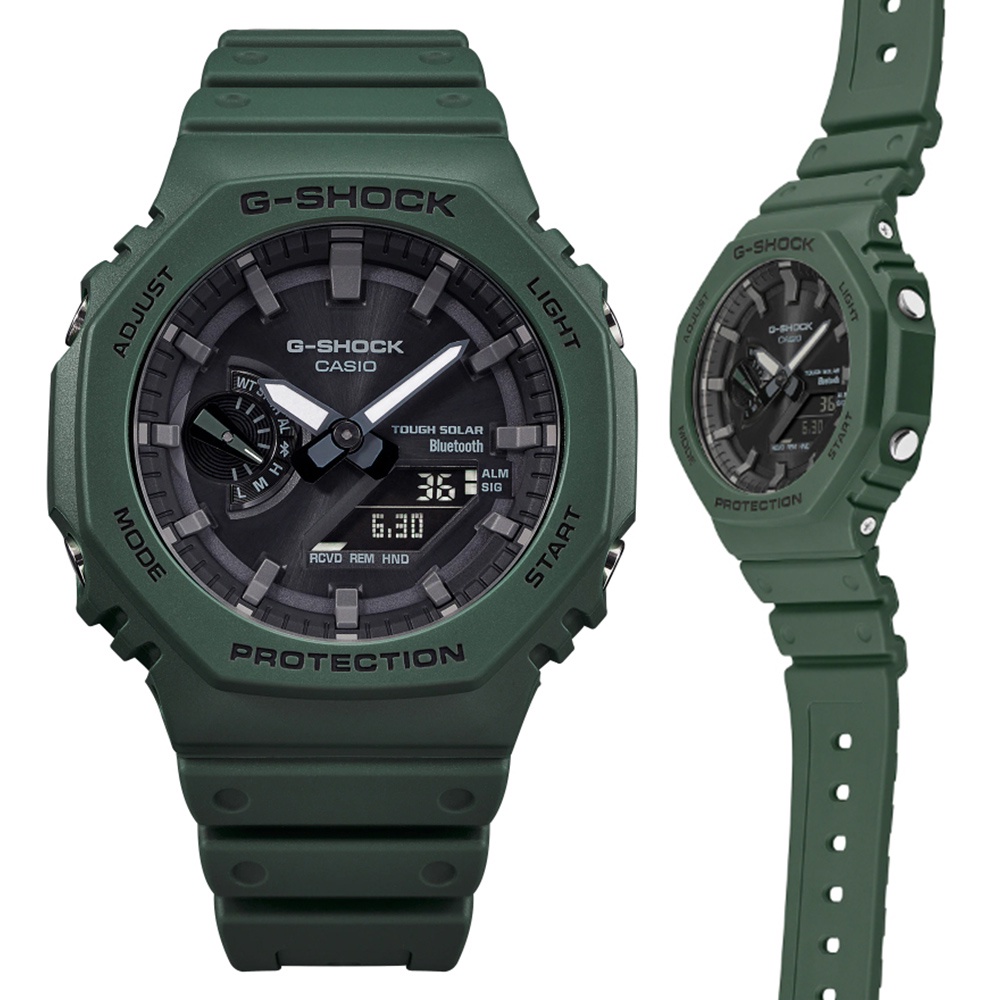 【CASIO 卡西歐】G-SHOCK 太陽能智慧藍芽八角雙顯錶-綠(GA-B2100-3A )