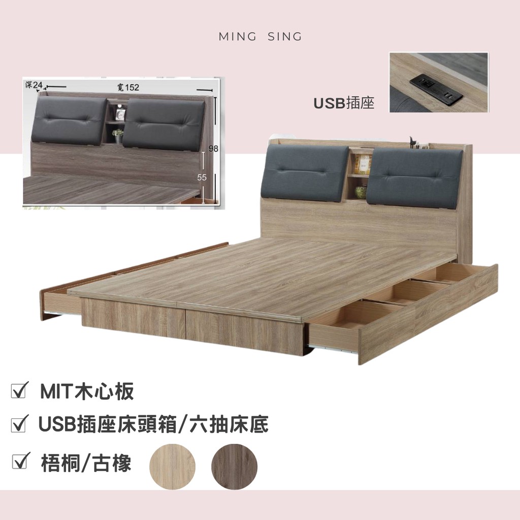 MIT品質保證/3款樣式/功能型兩件式房間組/USB插座收納床頭箱/木心板6抽床底