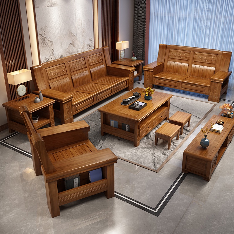 家具批發☒⊙實木沙發組合中式全實木客廳冬夏兩用123套裝現代木質香樟木沙發