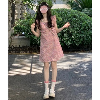 甜美清新蝴蝶結小飛袖連衣裙女學生夏季粉色格子收腰顯瘦a字裙子
