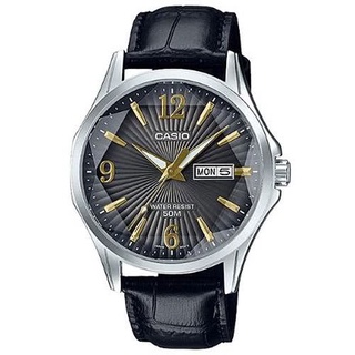 【CASIO】卡西歐 六芒星璀璨閃耀精緻皮帶紳士錶-黑X金 MTP-E120LY-1A 臺灣卡西歐保固一年