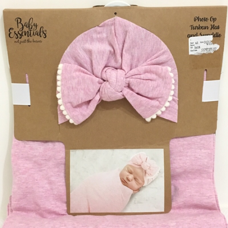 全新 美國baby essentials 粉紅色棉質包巾+蝴蝶結帽子套裝組 嬰兒寶寶攝影 繭形包巾