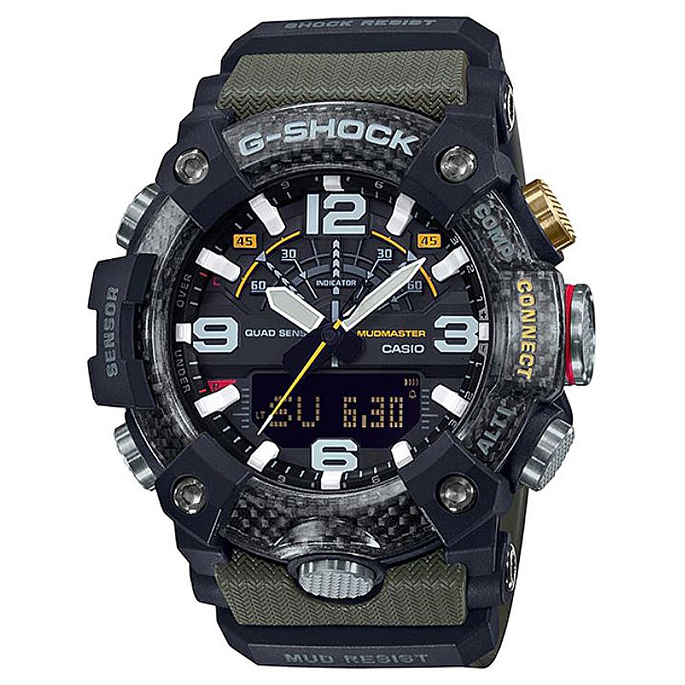 【CASIO】G-SHOCK MUDMASTER 極限冒險碳纖維四重感應器藍芽計步雙顯錶-綠(GG-B100-1A3)