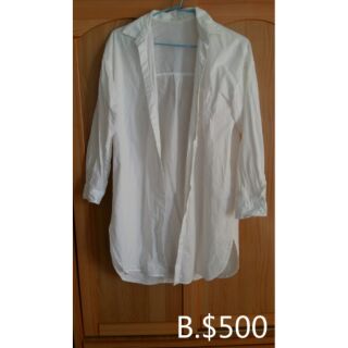 GU日系有領長版襯衫-白