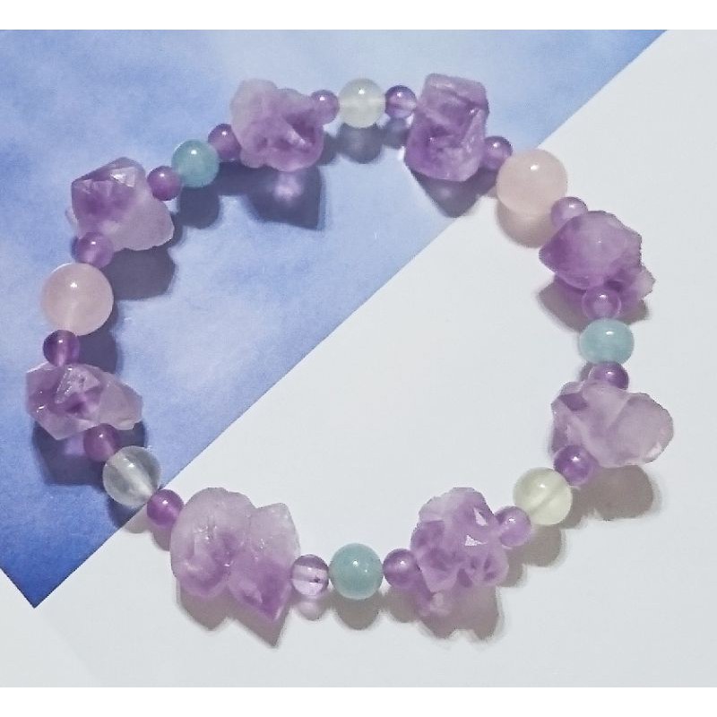 天然紫水晶原礦手串 紫水晶骨幹*粉晶*海藍寶*葡萄石手珠