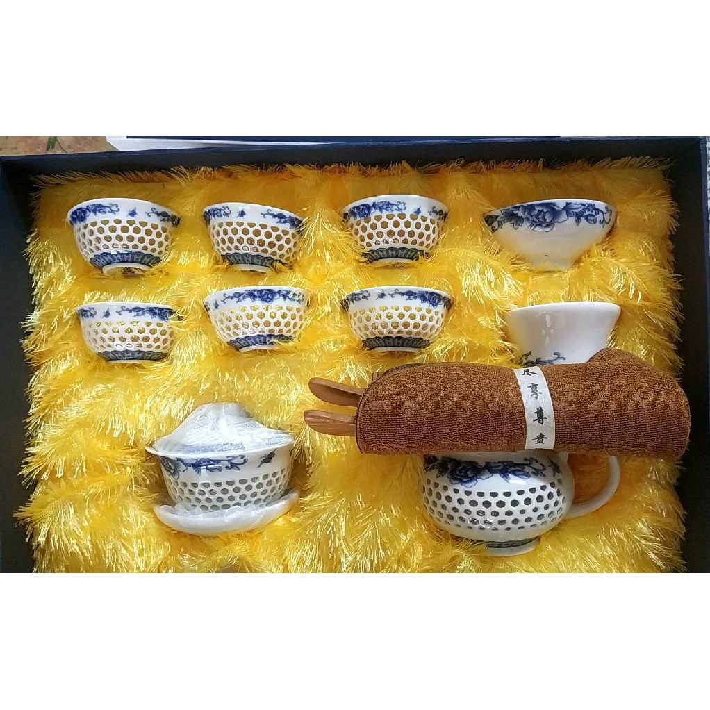 福氣牡丹-10頭白瓷蓋碗茶具玲瓏青花功夫茶具組