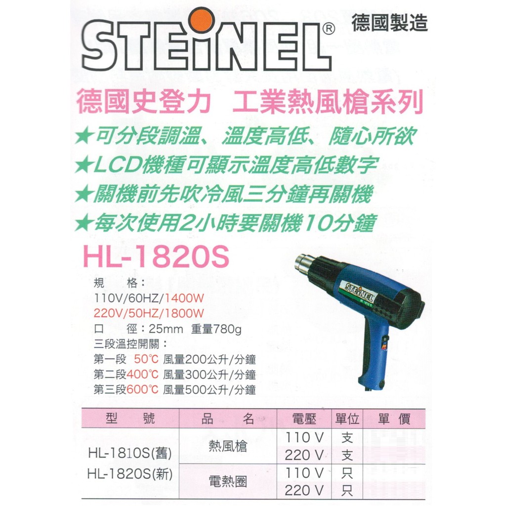 STEINEL 德國製造 德國史登力 工業熱風槍 電熱圈 HL-1810S(舊)/HL-1820S(新) 價格請洽詢