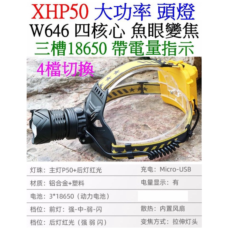 【成品購物】W646 XHP50 P50頭燈 18650三顆 四核心 強光頭燈 USB充電頭燈 變焦頭燈 P70 L2