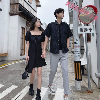 【COUPLE】情侶裝夏裝🎀2022🎀韓版新款小眾設計感連衣裙女男襯衫套裝