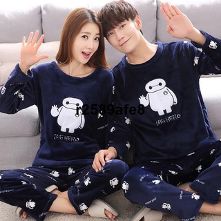 臺北縣#秋冬季珊瑚絨加厚法蘭絨情侶睡衣女士男裝家居服套裝深藍大白