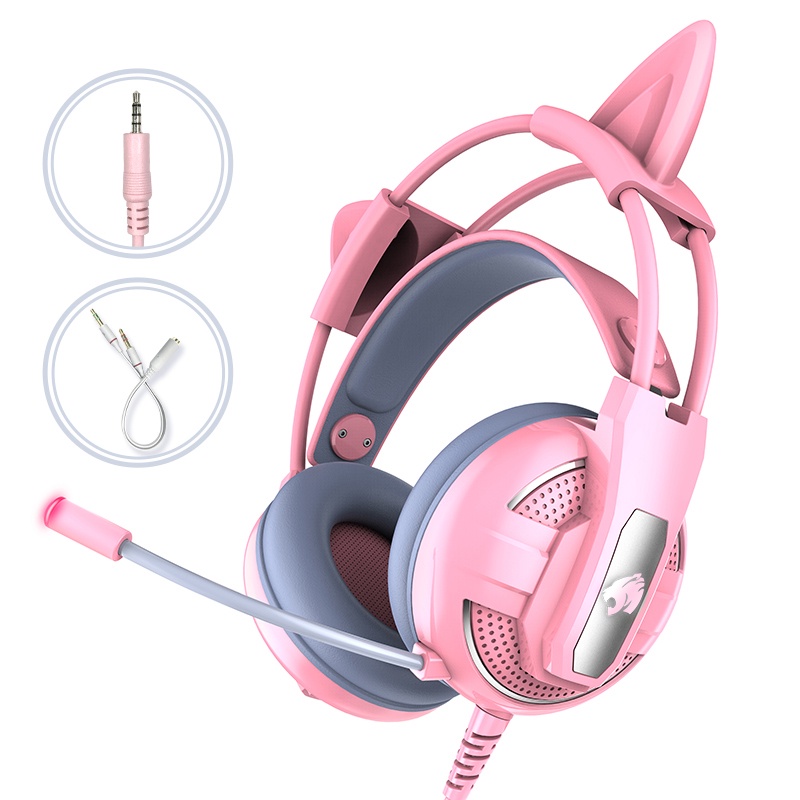 粉紅色貓耳機遊戲帶麥克風頭戴式電腦有線遊戲專用 可愛粉紅貓耳電競耳麥耳罩式帶貓耳朵兒童女孩PC筆電手機直播ps4