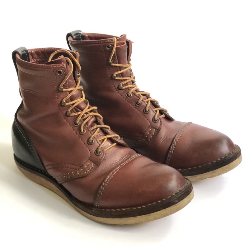 美國製Wesco JobMaster Cap Toe Boots 磚紅黑色雙色皮革蓋頭工作靴9.5D two tone