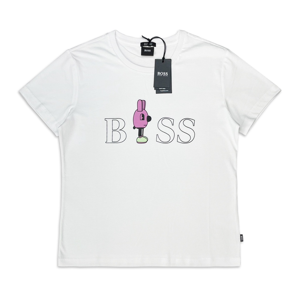 [全新品] Hugo Boss 雨果博斯 白色素面膠印大LOGO 收腰短袖T恤 舒適彈力棉附吊牌 可愛兔子公仔 女生L號