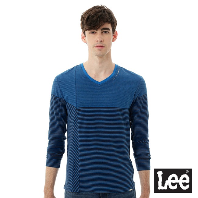 Lee 長袖T恤 條紋V領 男 藍 Modern 150279B8D