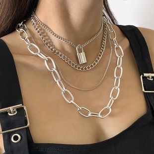 ❘現貨❘簍空套環簍空鎖頭4條項鍊組-銀色歐美時尚個性