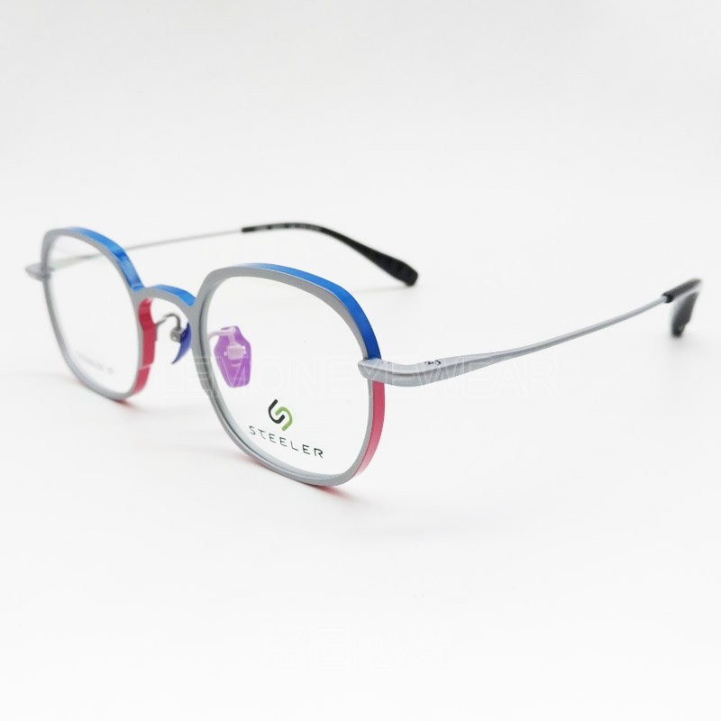 ✅💎 玩色鏡框 💎[檸檬眼鏡] STEELER 1204 C3 銀藍紅四角型厚版鈦框 側邊加厚中高度數最愛 輕量舒適