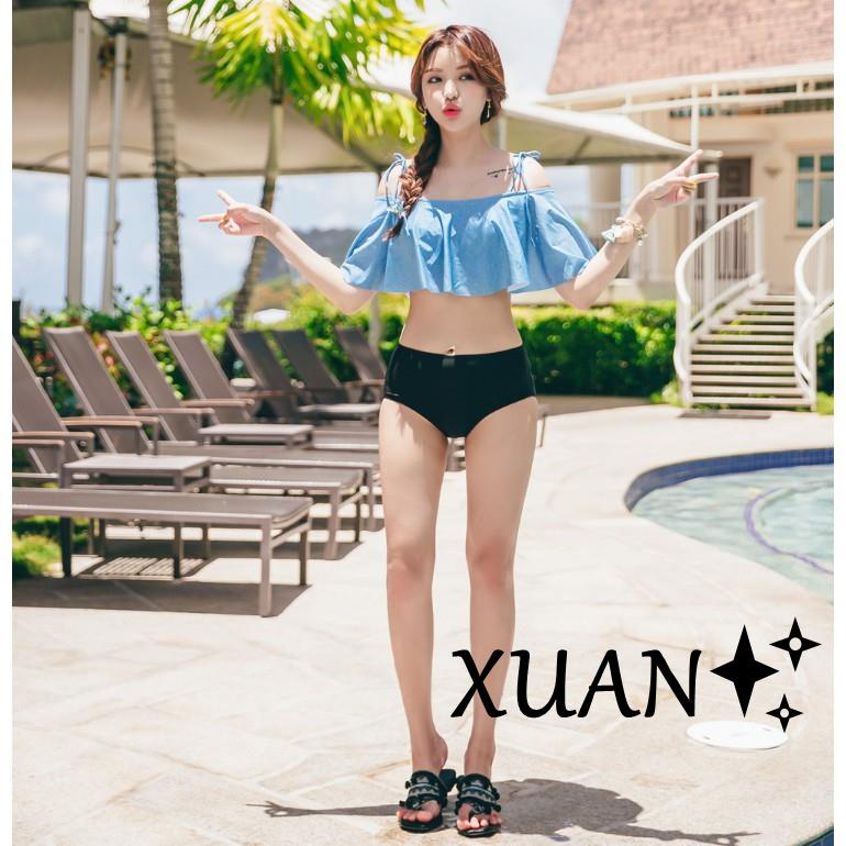 Xuan♥ - 天使微笑 [鋼圈+露肩一字領] 二截式比基尼 - 甜美荷葉邊綁帶高腰泳衣泳裝C800