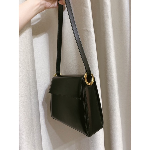 CELINE 正品 金圈圈優雅方包 Vintage 黑色 凱旋門 皮革 硬式宴會包 斜背包 古董包 肩背包 日本 中古包