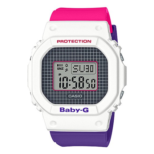 【CASIO】BABY-G 復古格紋方框撞色電子錶-白X桃紅X亮紫(BGD-560THB-7)