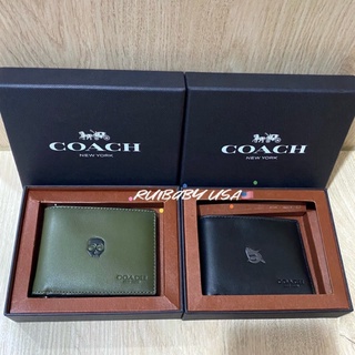 免運 ✨臺灣現貨✨美國🇺🇸專櫃Coach真皮 牛皮 男用 皮夾 男性 短夾 禮盒 鯊魚 黑 骷髏頭 綠