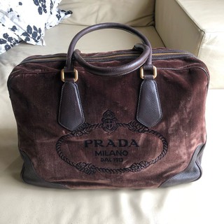 保證全新正品 Prada 咖啡色 絲絨拼接皮革 手提包 肩背包