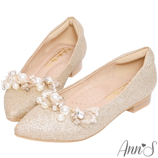 Ann’S香檳貴氣-手工蕾絲紗珍珠平底尖頭婚鞋2cm-金