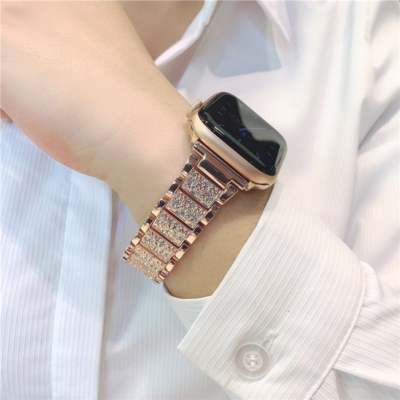 【現貨】apple watch 通用款 7代 水鑽金屬錶帶 玫瑰金 水鑽 蘋果錶帶 金屬鍊條 網紅 鍊條錶帶 44mm