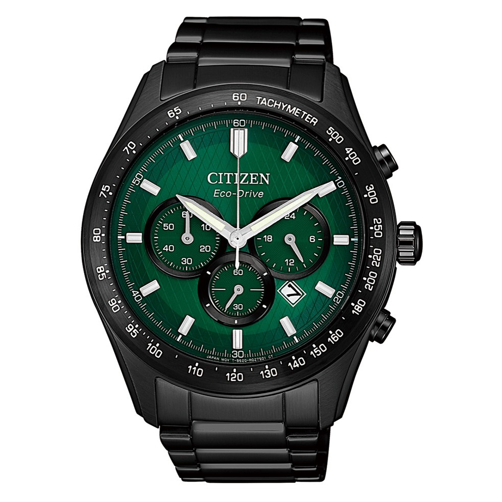 CITIZEN星辰 三眼計時碼錶酷黑不鏽鋼電鍍網狀面板光動能腕錶（綠面）43mm_ CA4455-86X