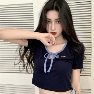 💫韓風胸前綁帶設計修身短版上衣短袖T恤