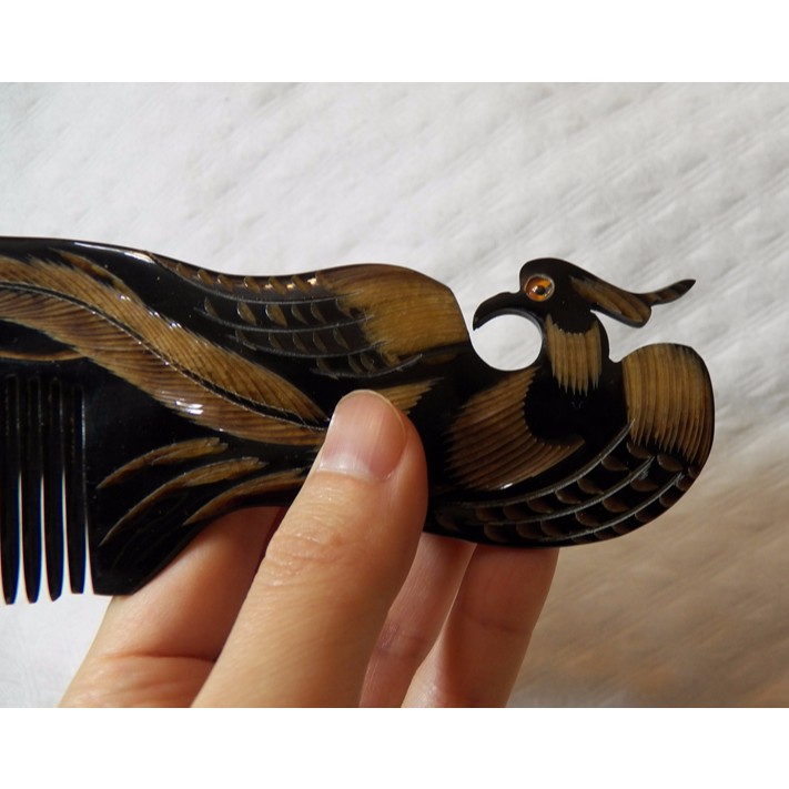 【心湖】天然水牛角梳 梳子 鳳凰雕刻 18.5cm NO.G08