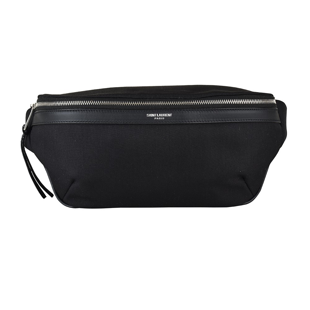 YSL SAINT LAURENT CLASSIC BELT銀字LOGO尼龍拉鍊腰包(黑)