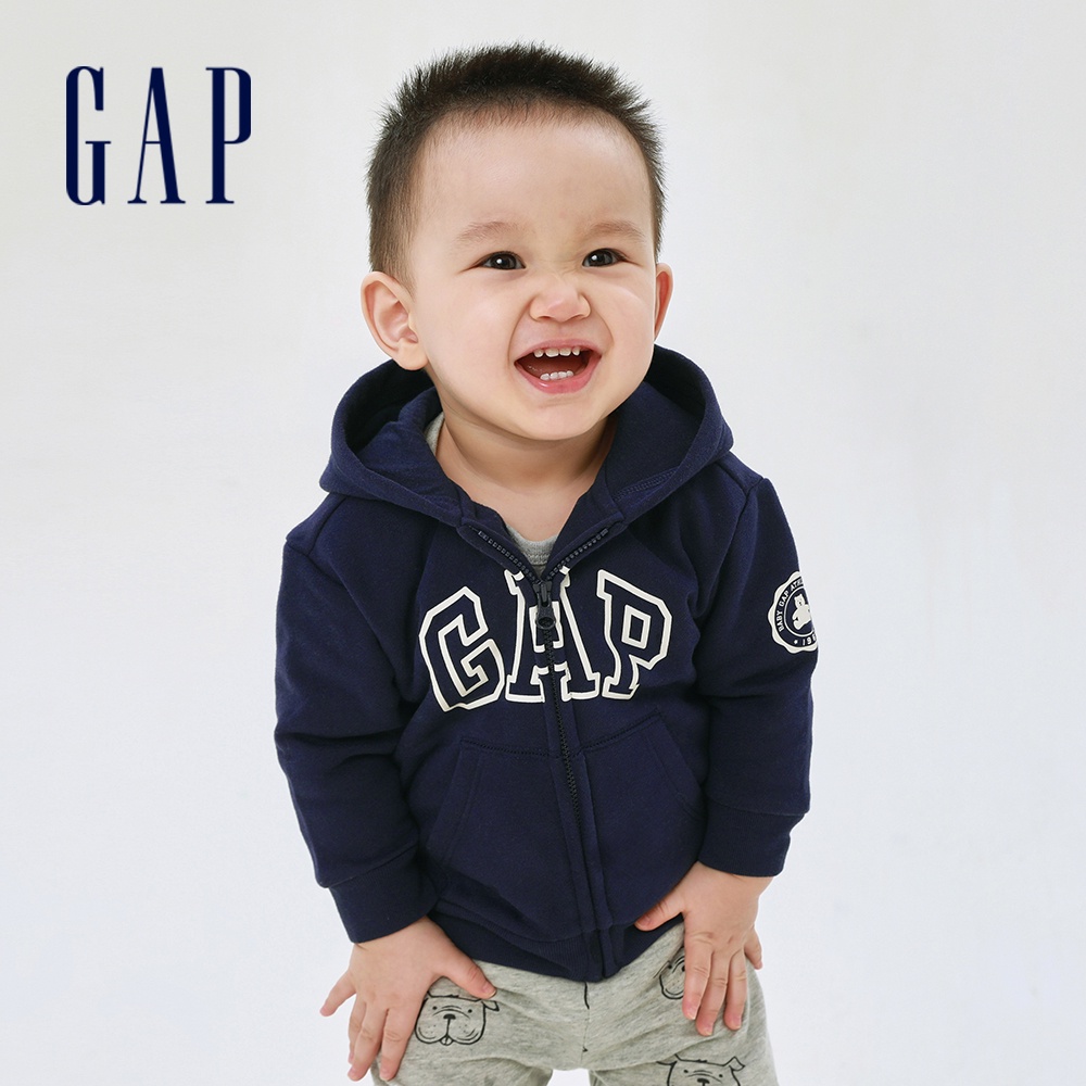 Gap 嬰兒裝 Logo熊耳造型刷毛長袖外套 碳素軟磨系列-藏藍色(460272)